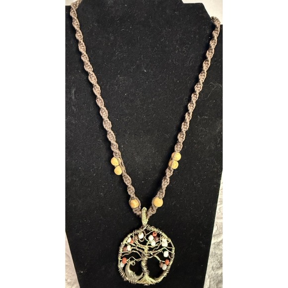 Handmade Jewelry - Braided Necklace Cord Wire Wrapped Tree OF Life Charm Unique Button Loop